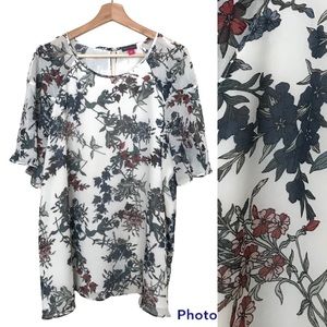 Vince Camuto Floral Flutter Sleeve Blouse | White Lined Top | Blue Red Flowers